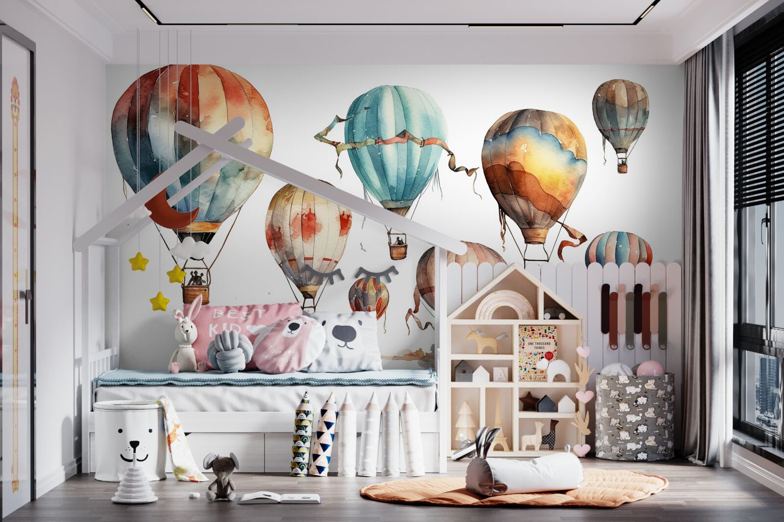 Fototapeten Es gibt einen Ballon für beheizte Luft über der Stadt