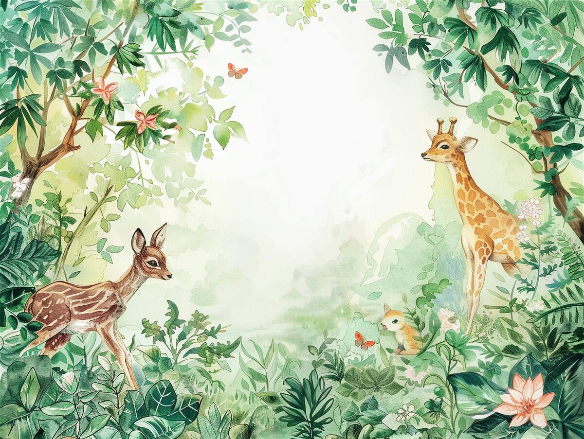Fototapeten Giraffe und Hirsche stehen gegenseitig zu