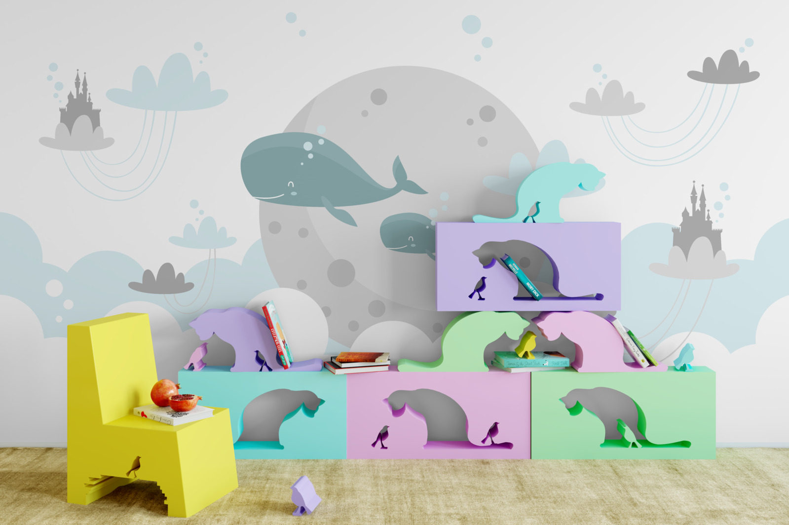 Fototapeten Die Whale -Familie schwimmt durch die Wolken