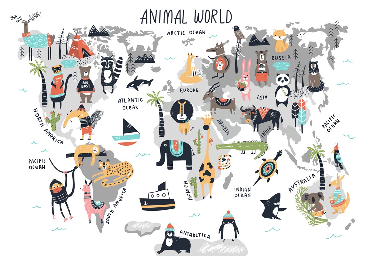 Fototapeten Karte der wichtigsten Tiere der Welt