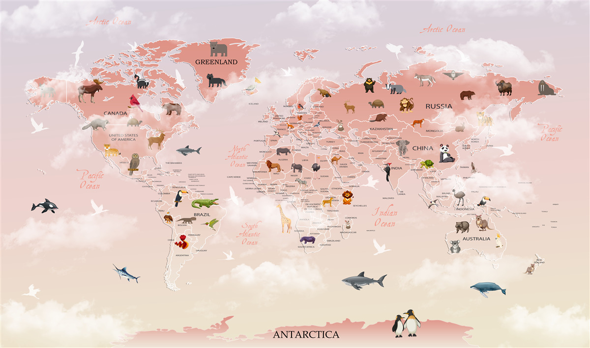 Fototapeten Pink World Map mit tierischen Bildern und Namen