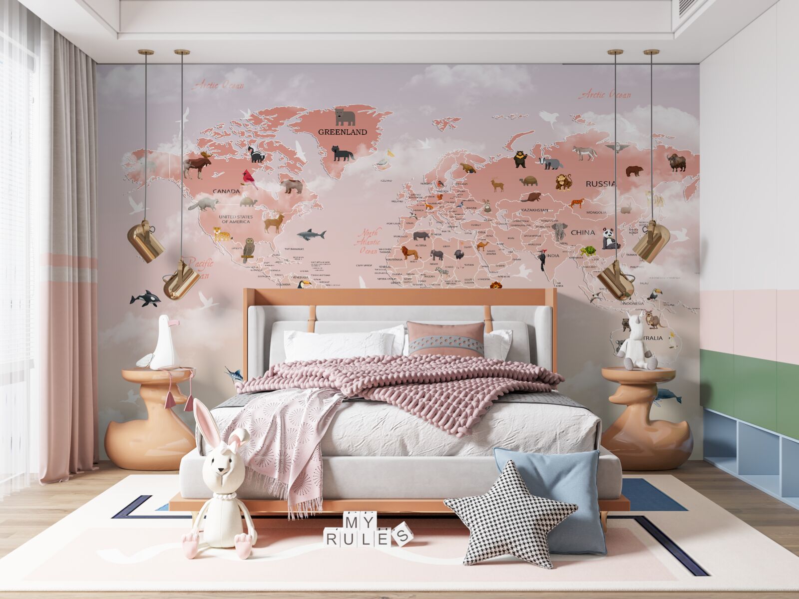 Fototapeten Pink World Map mit tierischen Bildern und Namen