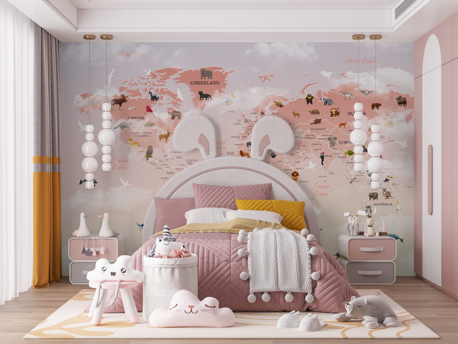 Fototapeten Pink World Map mit tierischen Bildern und Namen