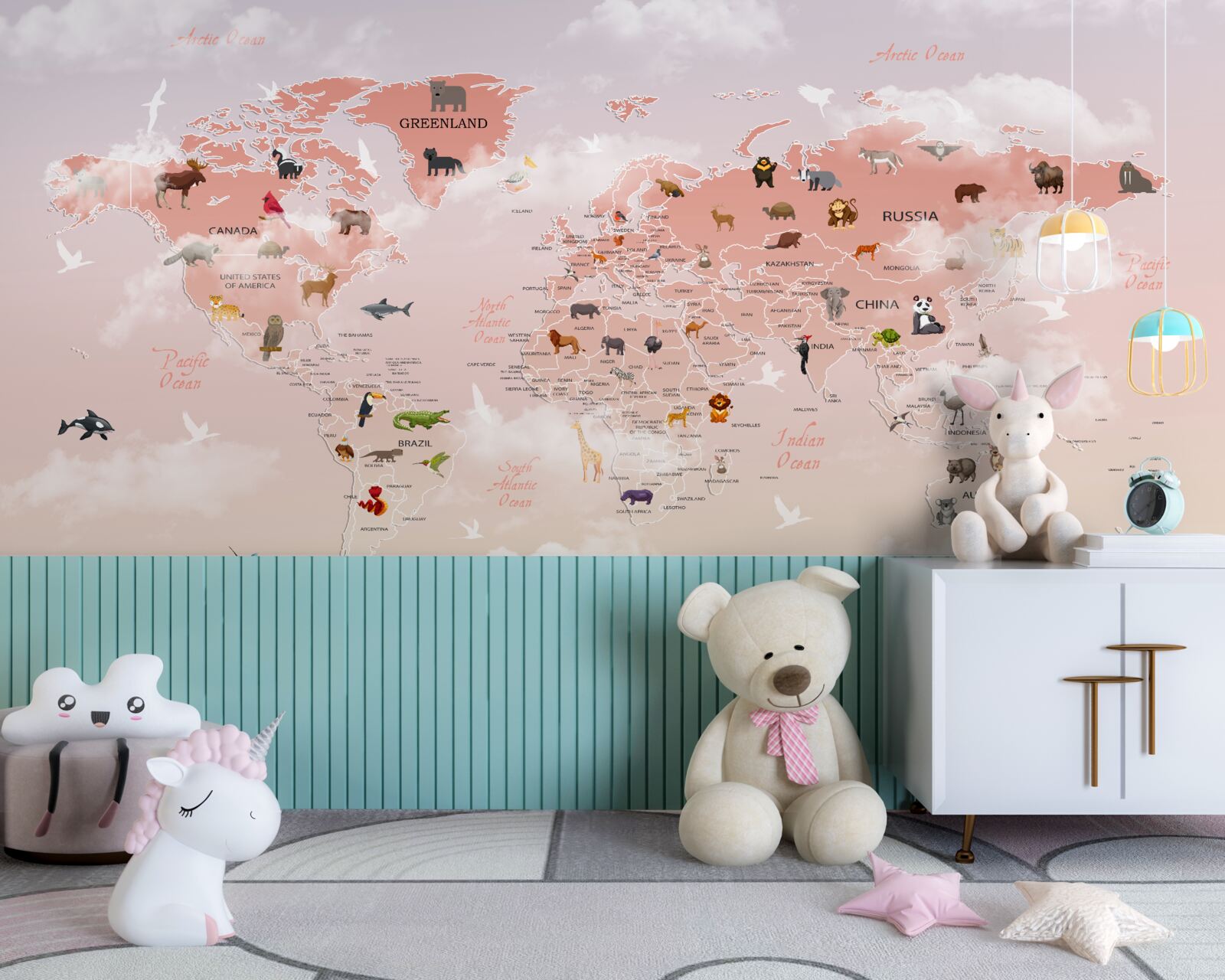 Fototapeten Pink World Map mit tierischen Bildern und Namen
