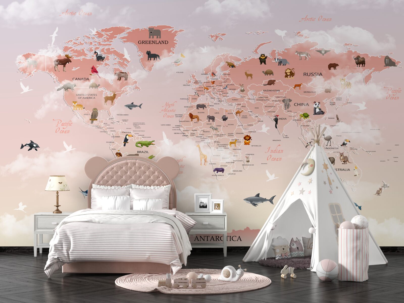 Fototapeten Pink World Map mit tierischen Bildern und Namen