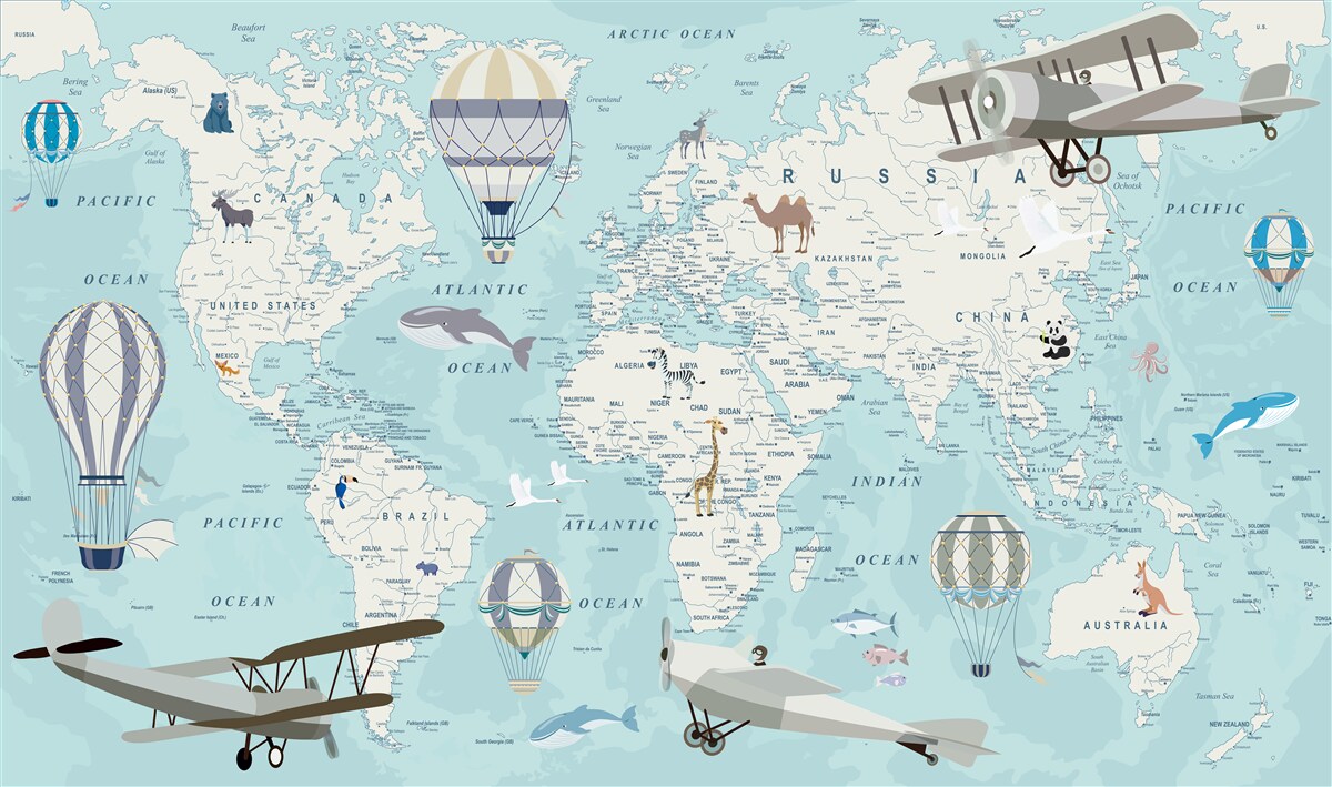 Fototapeten Eine detaillierte Karte der Welt mit Luftballons und Flugzeugen