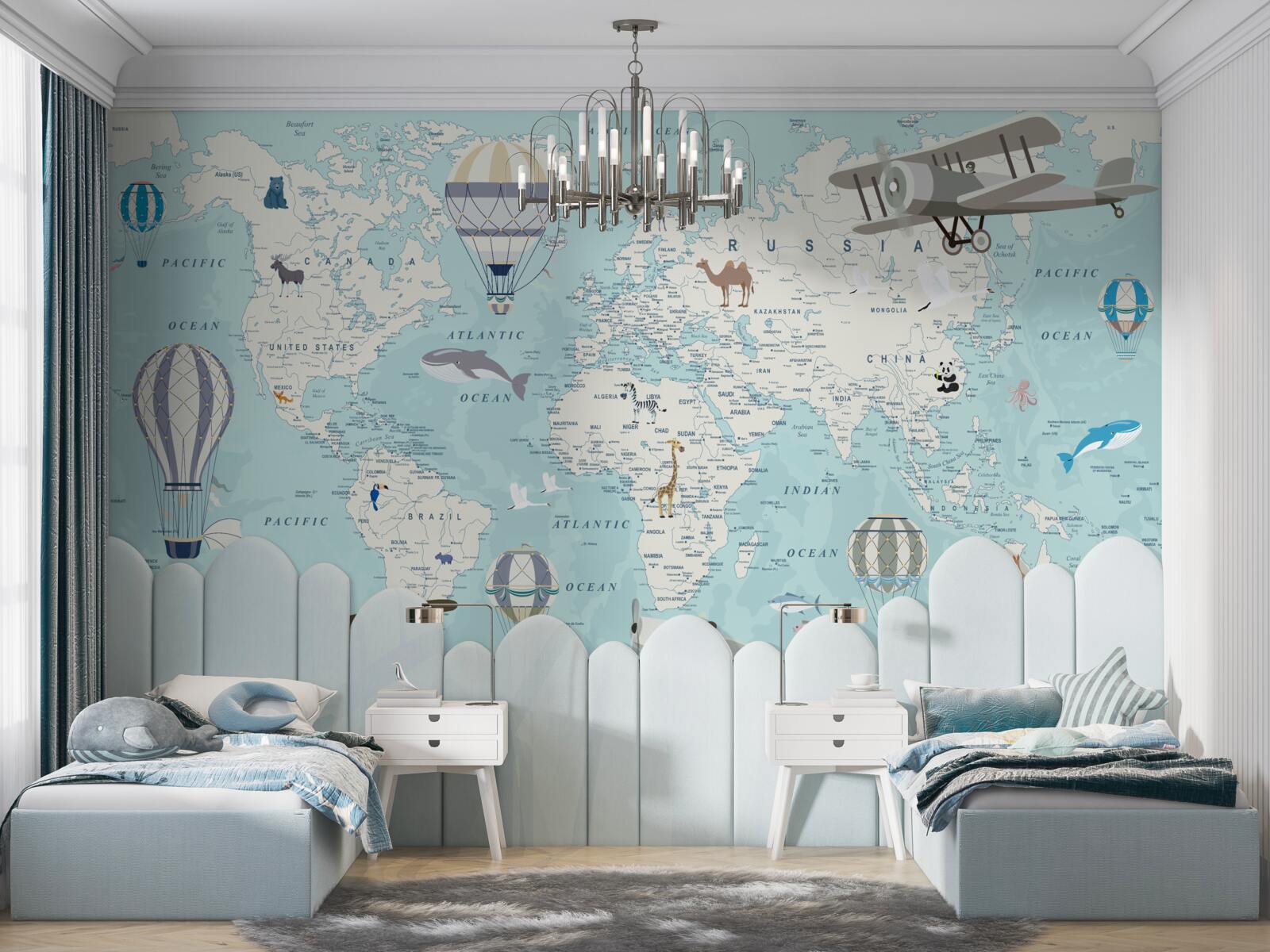 Fototapeten Eine detaillierte Karte der Welt mit Luftballons und Flugzeugen