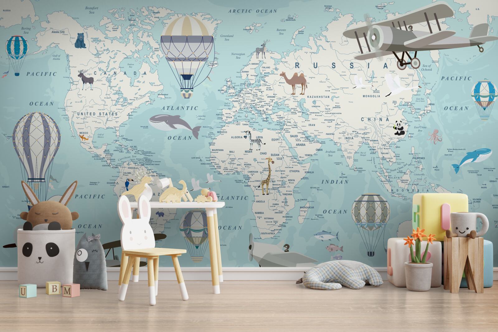 Fototapeten Eine detaillierte Karte der Welt mit Luftballons und Flugzeugen