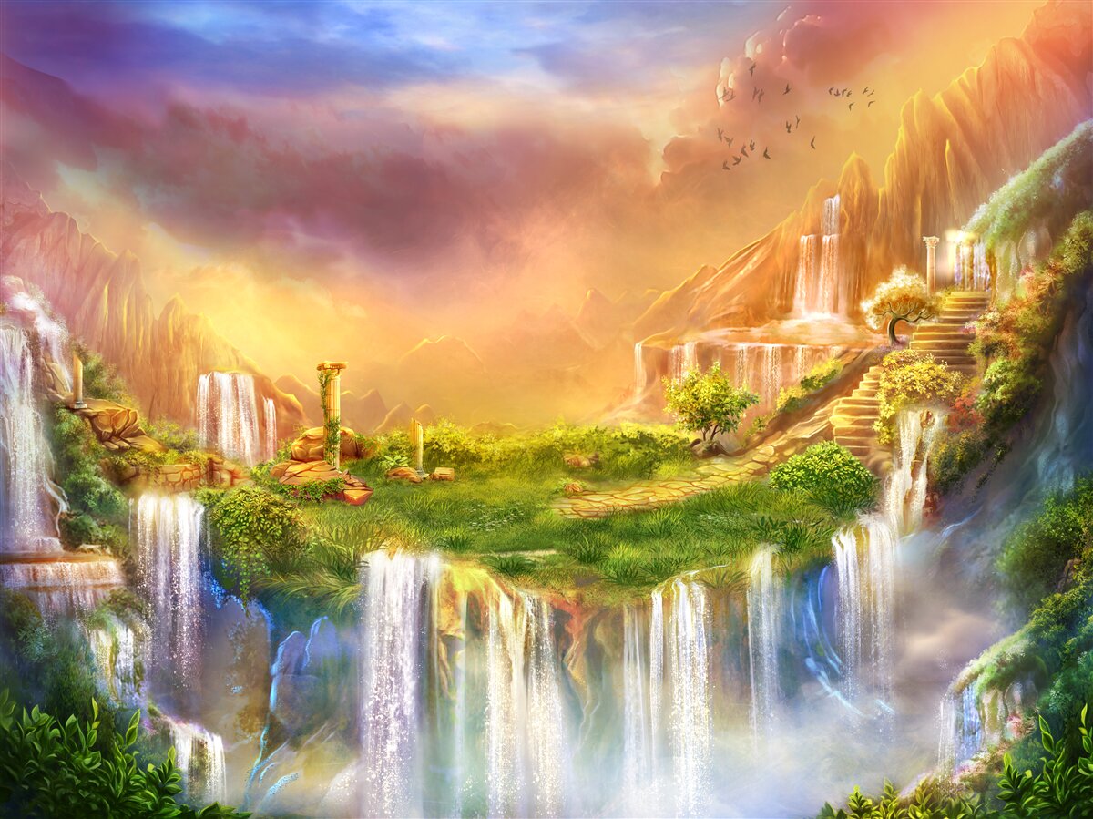 Fototapeten Magische Landschaft mit Kaskadenwasserfällen