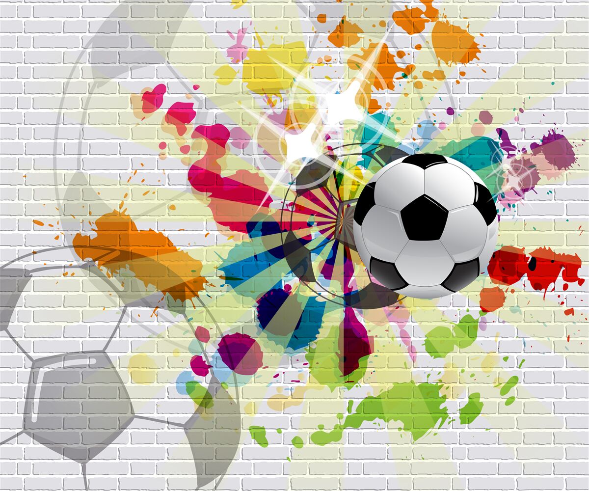 Fototapeten Ein Foto des Fußballs in Blumen hängt an der Wand