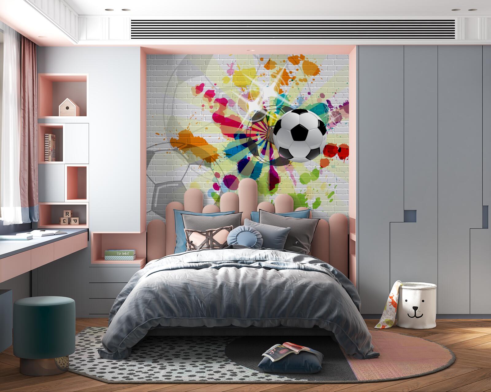 Fototapeten Ein Foto des Fußballs in Blumen hängt an der Wand