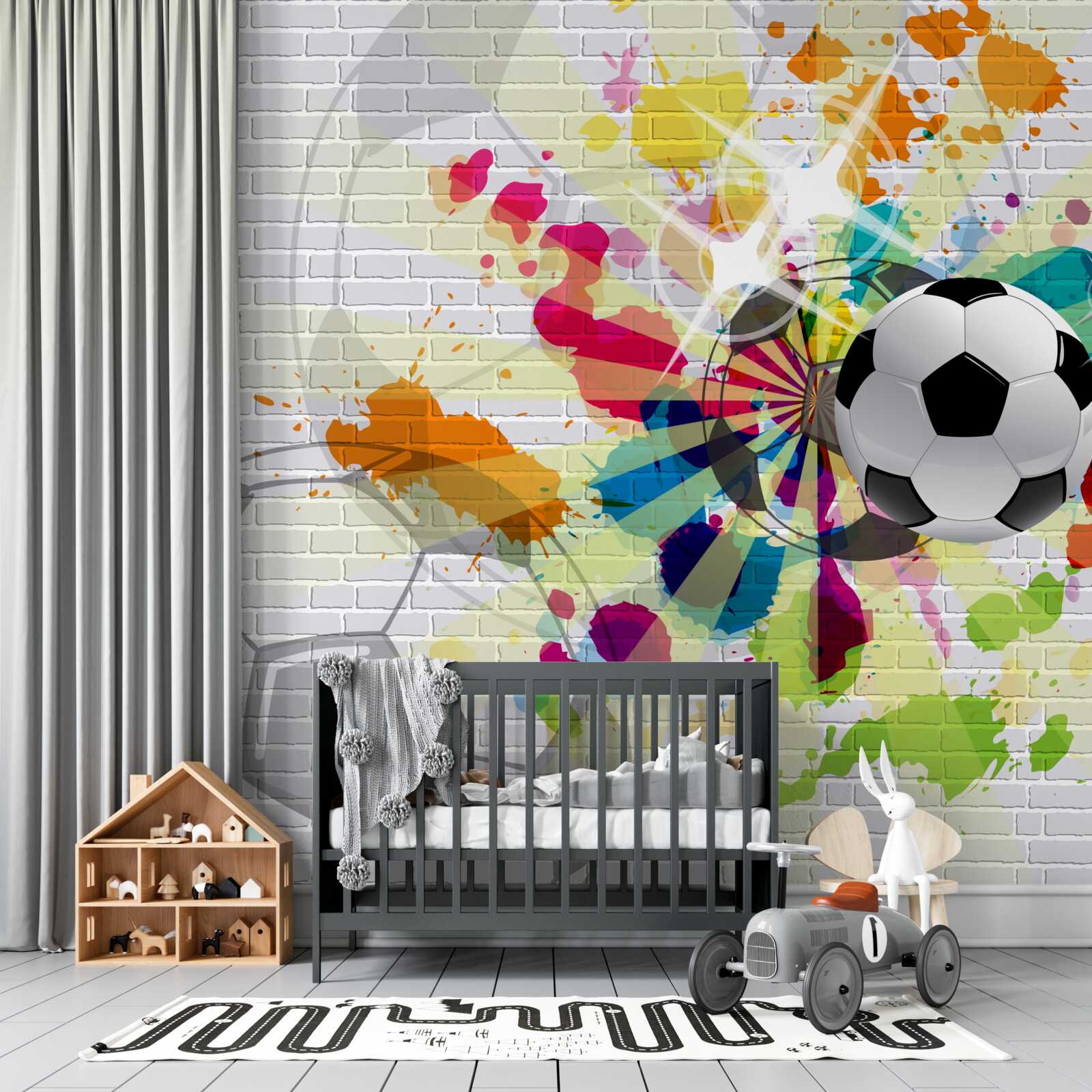 Fototapeten Ein Foto des Fußballs in Blumen hängt an der Wand
