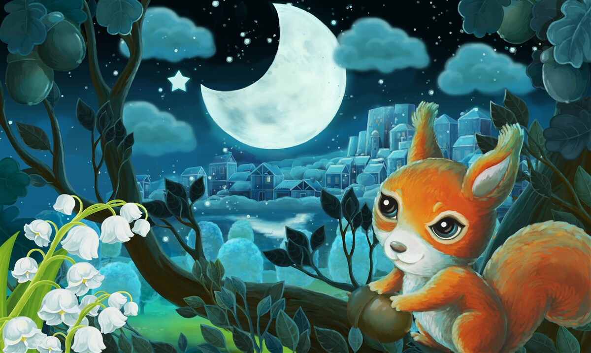 Fototapeten Das Eichhörnchen bewundert, dass der Mond über der Stadt leuchtet