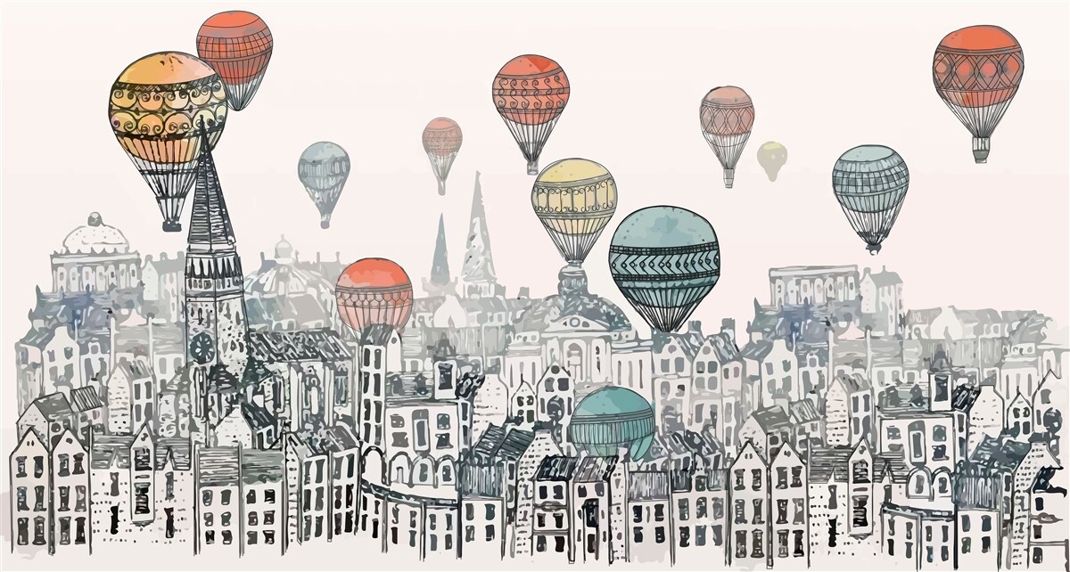 Fototapeten Luftballons schweben über die Stadt