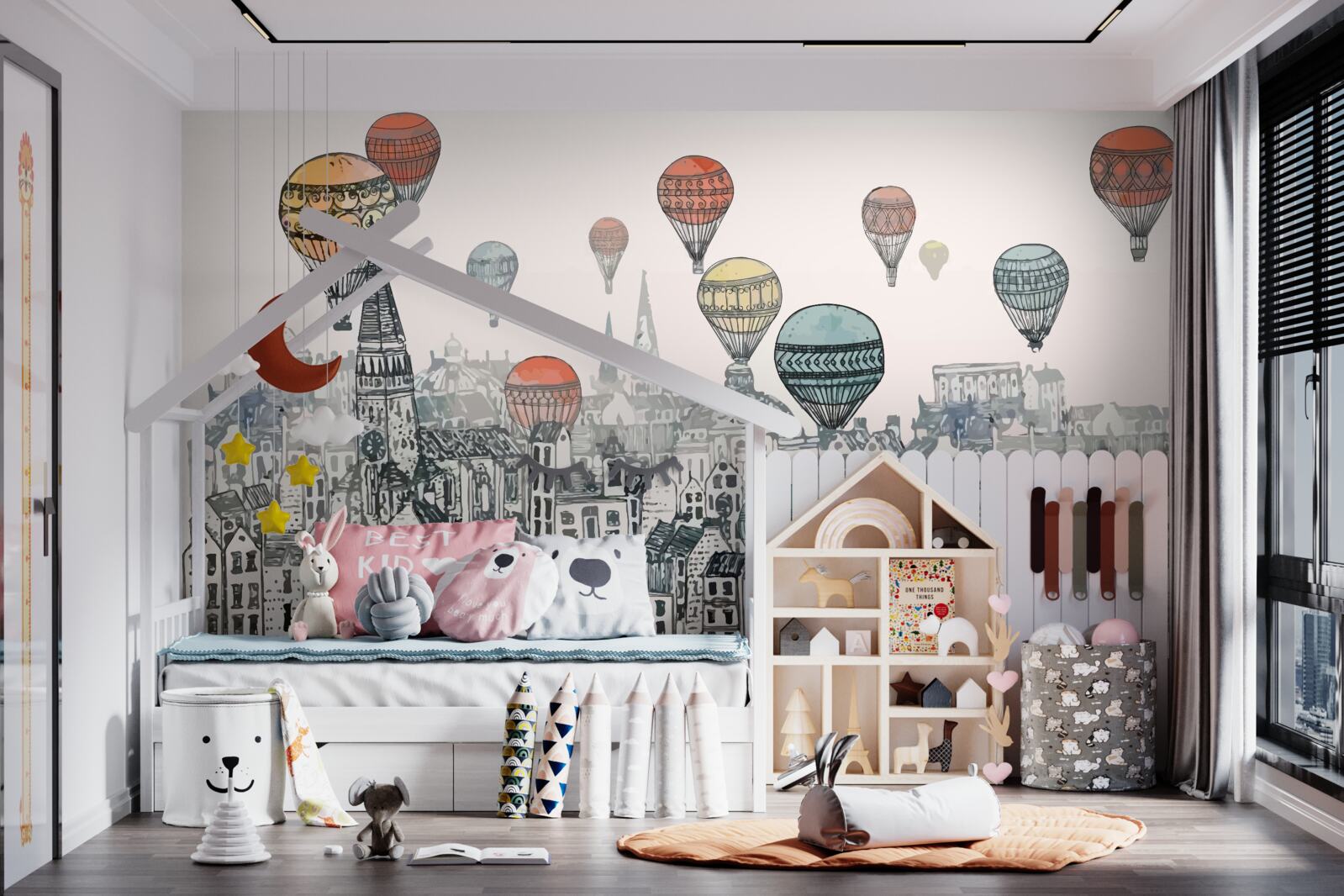 Fototapeten Luftballons schweben über die Stadt