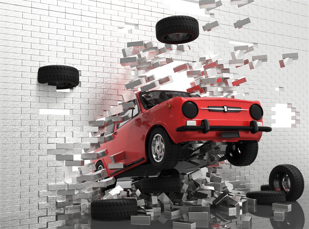 Fototapeten Das Auto durchbohrt die Ziegelmauer