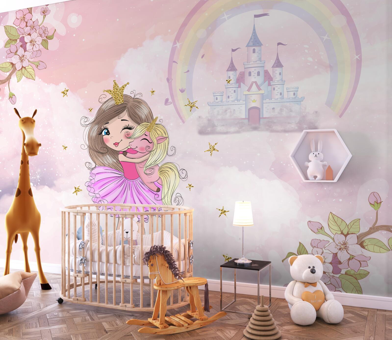 Fototapeten In der Nähe der Burg gibt es eine Fee und ihre Freundin Einhorn