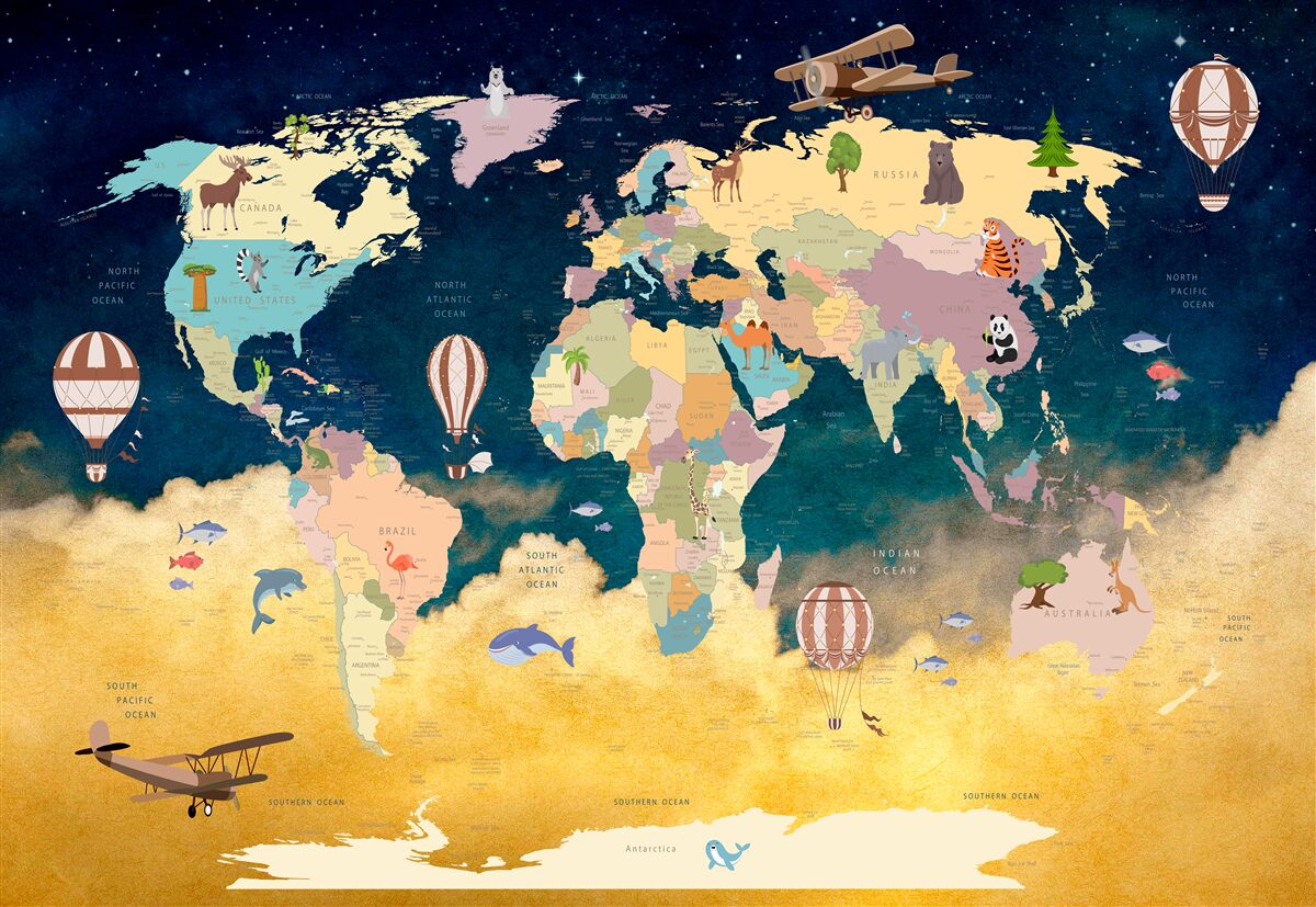 Fototapeten Karte der Welt in blauen und gelben Farben