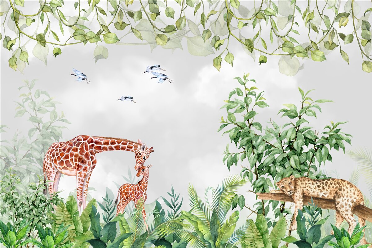 Fototapeten Tiger und Giraffe ruhen im Dschungel