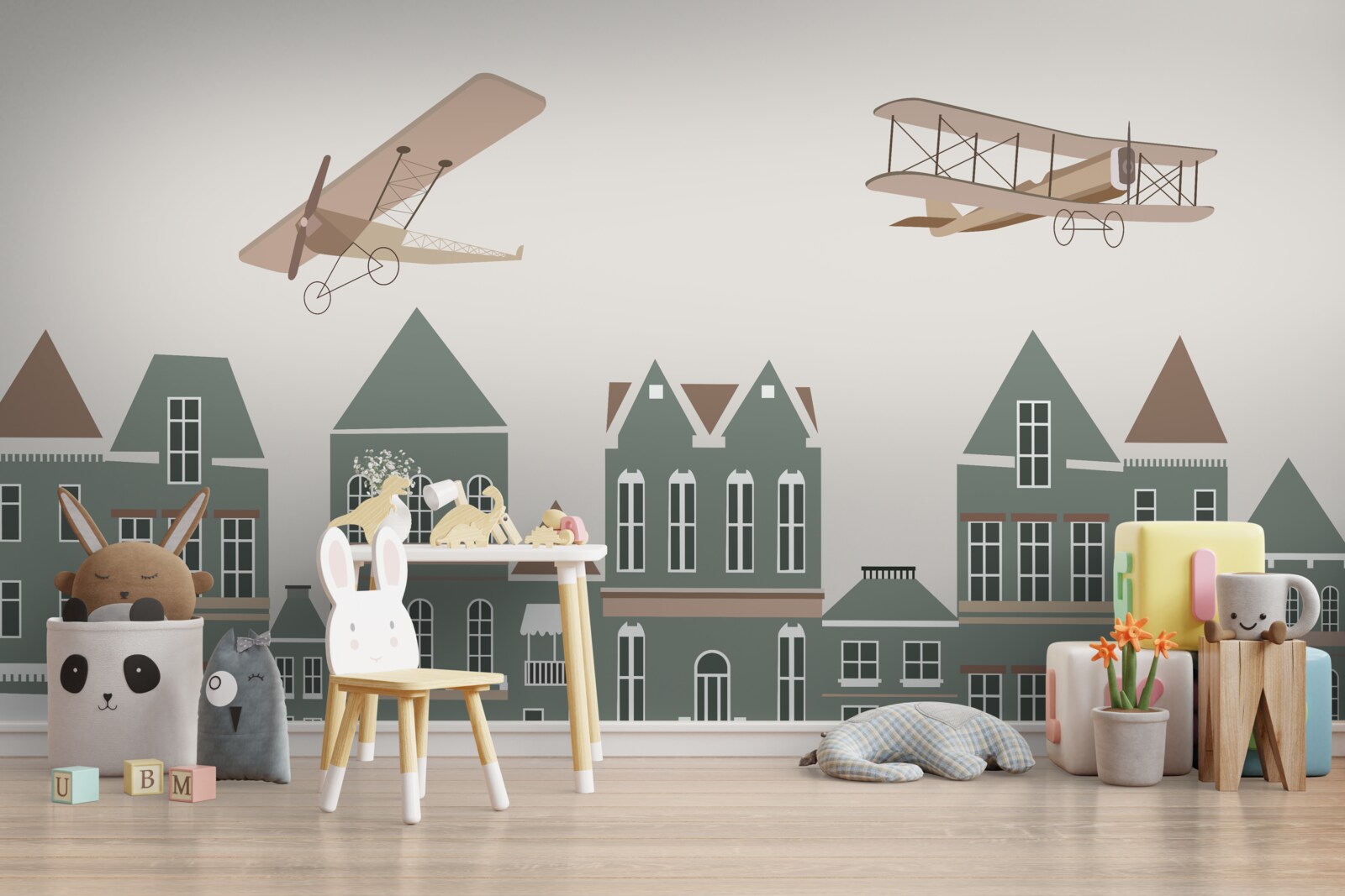 Fototapeten Flugzeuge schweben über den Häusern