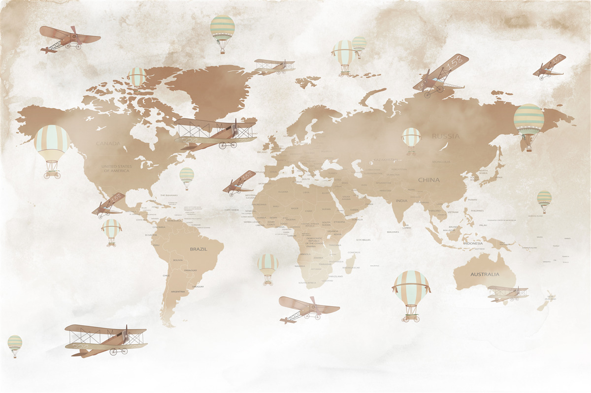 Fototapeten Brown World Map mit vorgestellten Flugzeugen