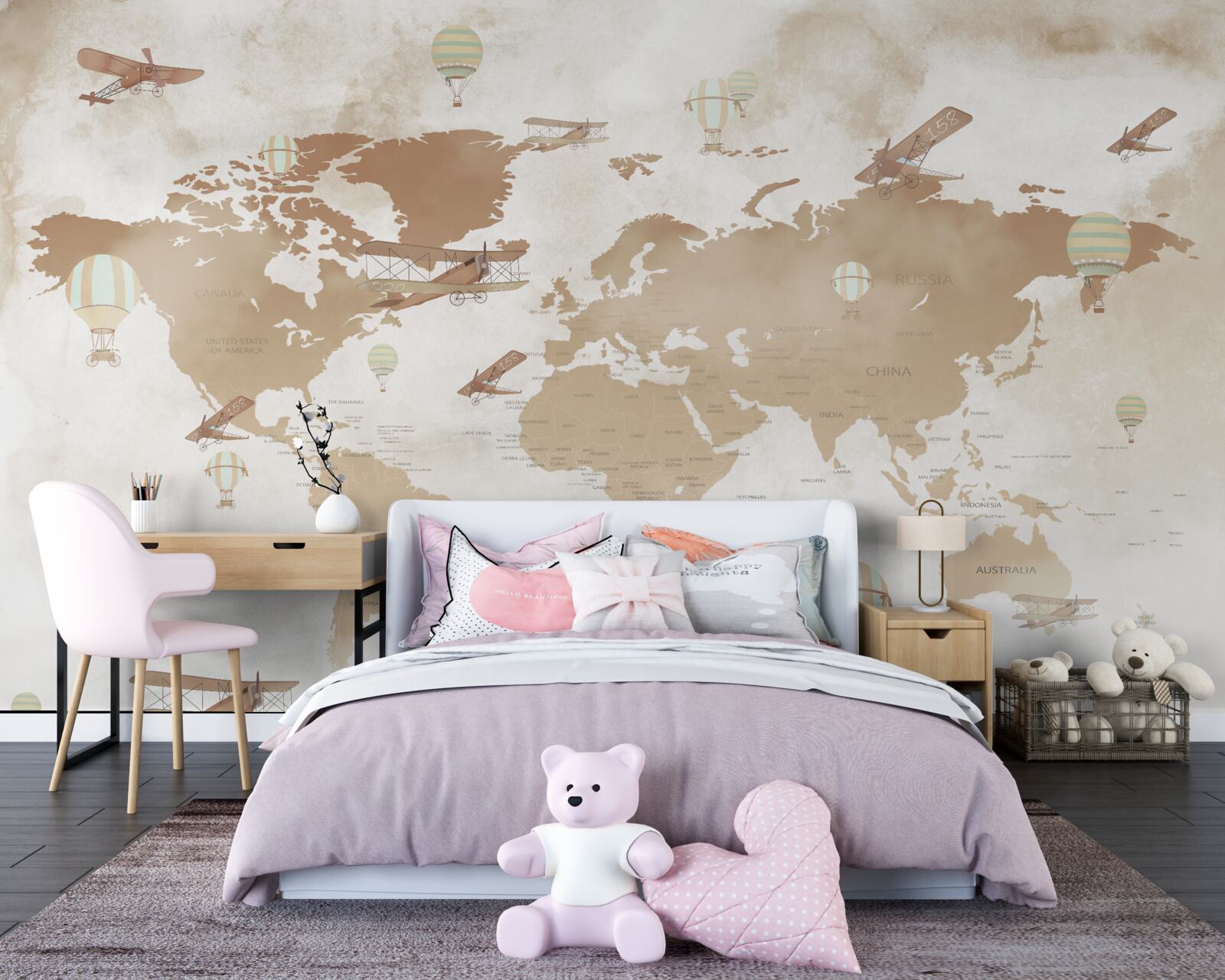 Fototapeten Brown World Map mit vorgestellten Flugzeugen