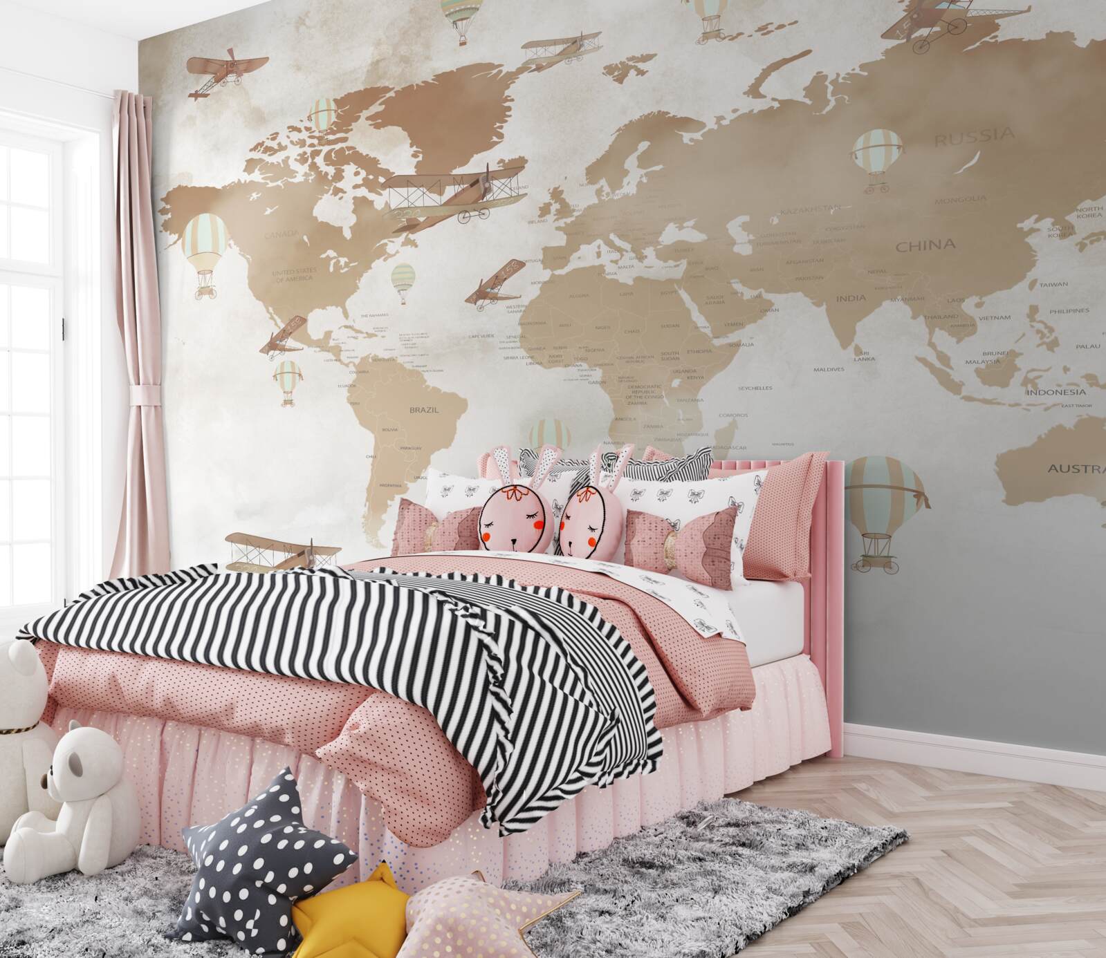 Fototapeten Brown World Map mit vorgestellten Flugzeugen