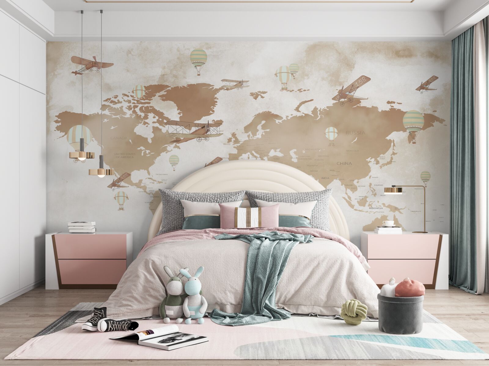 Fototapeten Brown World Map mit vorgestellten Flugzeugen