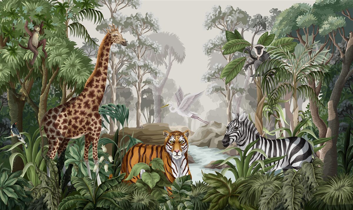 Fototapeten Giraffe, Tiger und Zebra im Regenwald