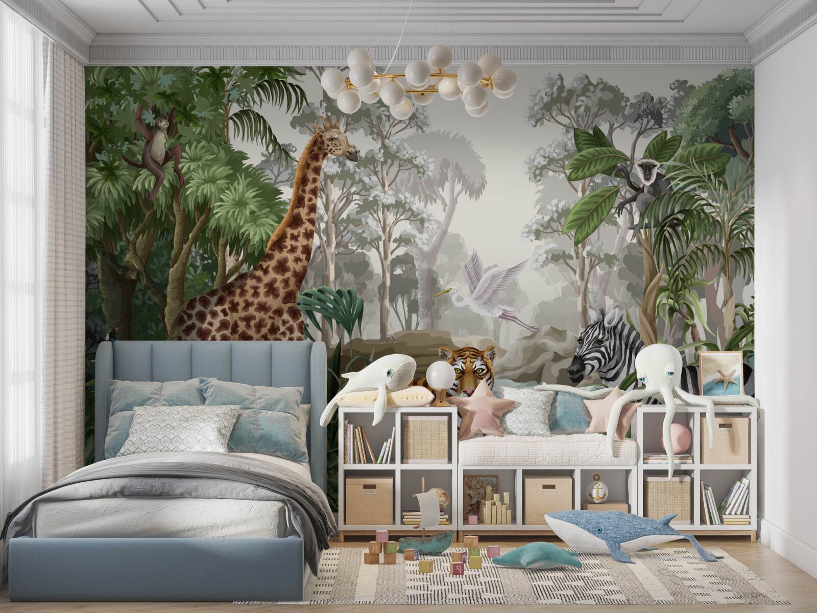 Fototapeten Giraffe, Tiger und Zebra im Regenwald
