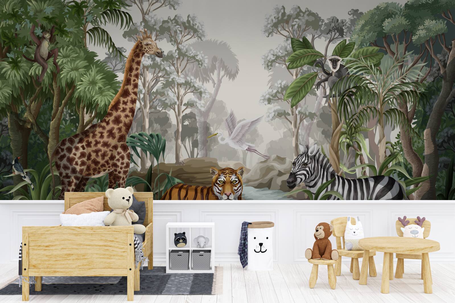 Fototapeten Giraffe, Tiger und Zebra im Regenwald