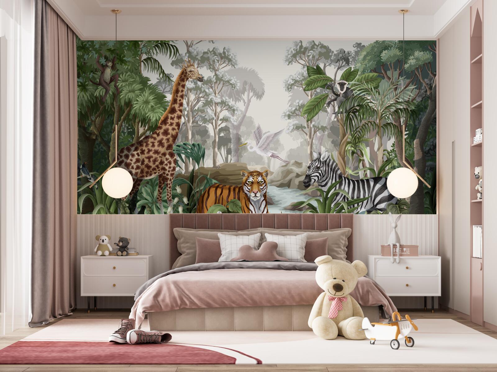 Fototapeten Giraffe, Tiger und Zebra im Regenwald