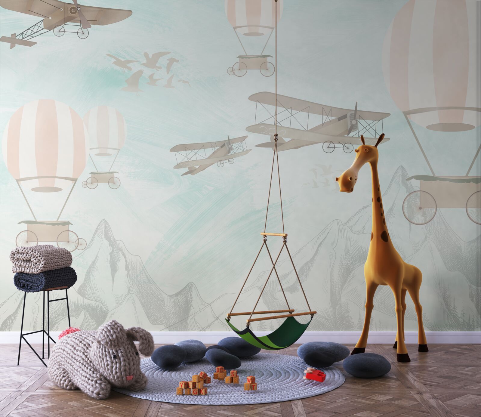Fototapeten Luftballons und Flugzeuge fliegen über die Berge