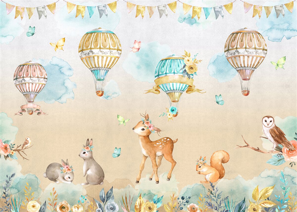 Fototapeten Tiere triumphieren und Luftballons schweben in der Luft