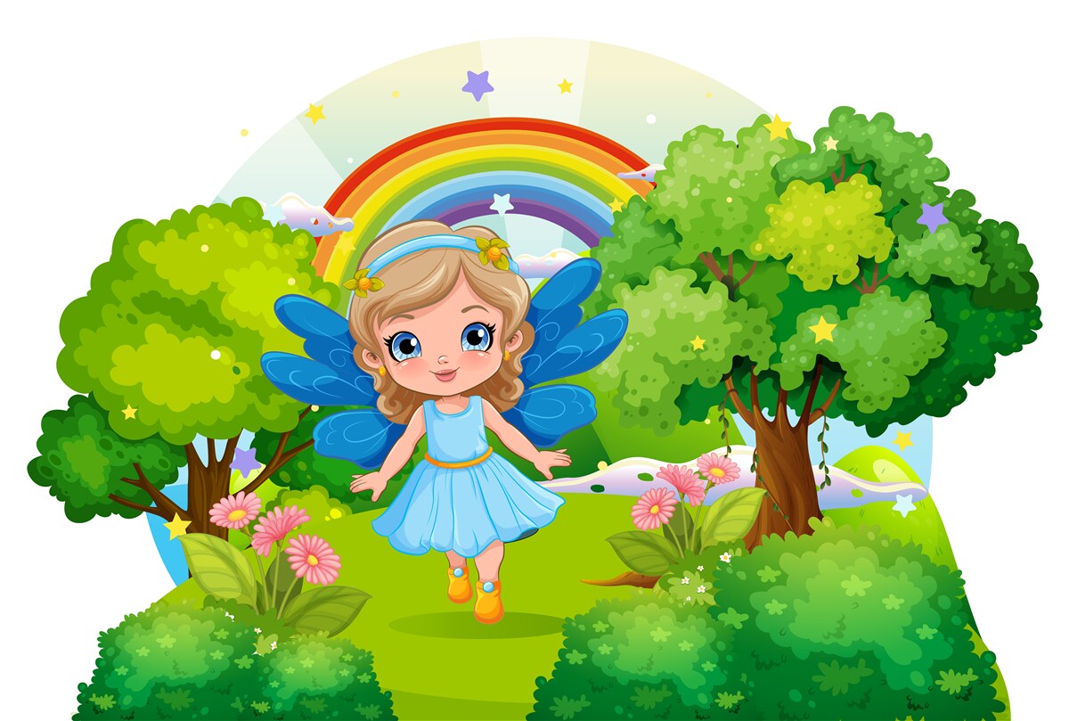Fototapeten Zauberin in einem Smaragdgarten in der Nähe des Regenbogens