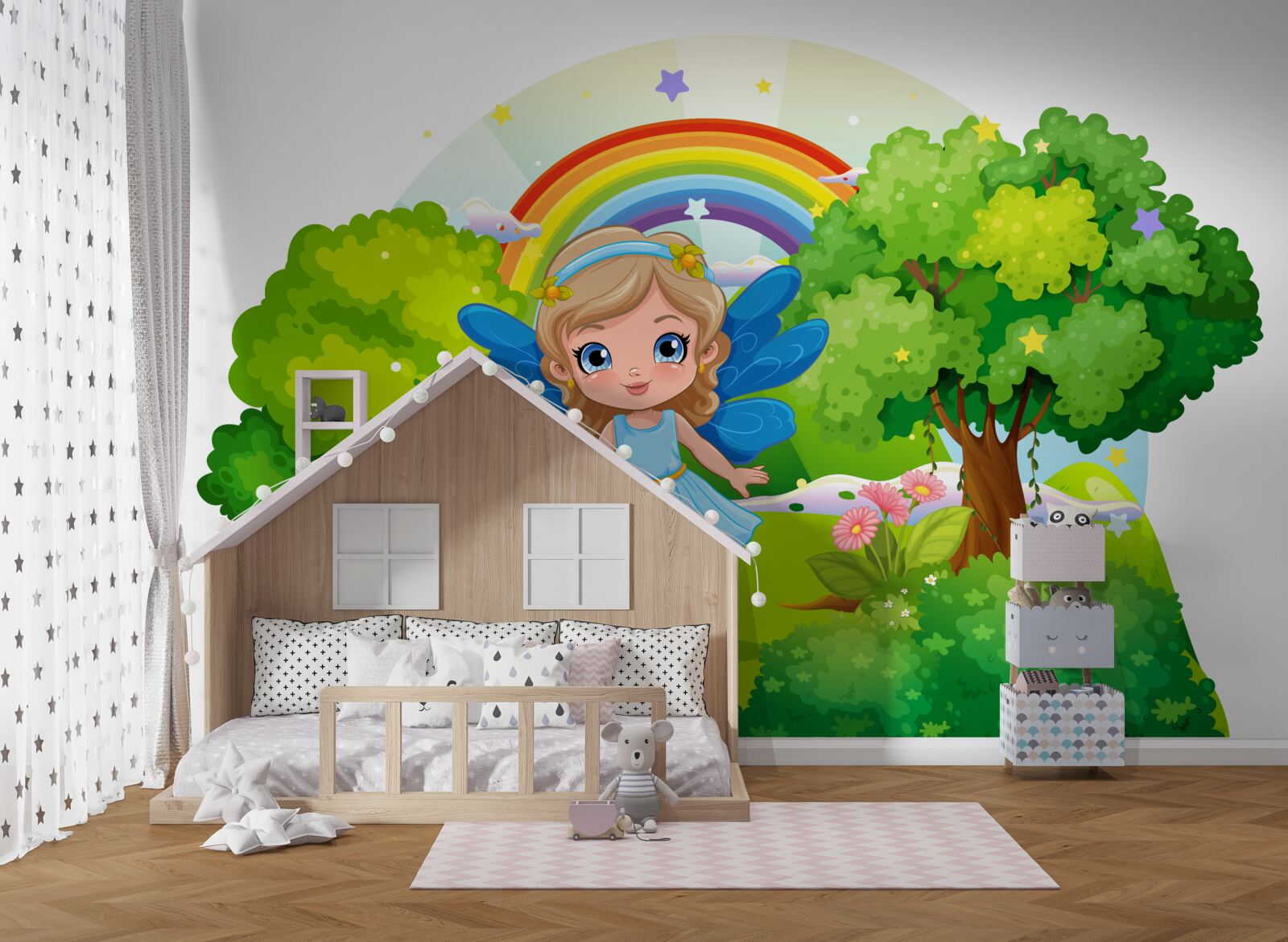 Fototapeten Zauberin in einem Smaragdgarten in der Nähe des Regenbogens