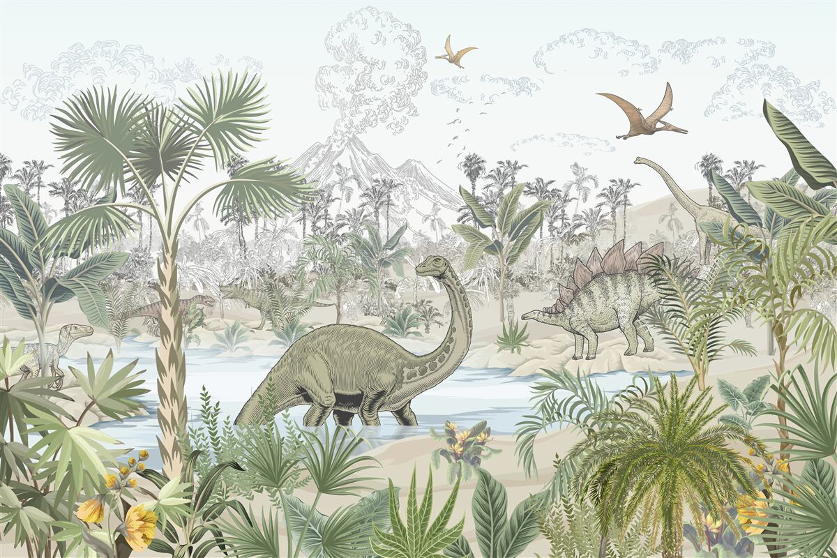 Fototapeten Es gibt Dinosaurier im Wald in der Nähe von Wasser