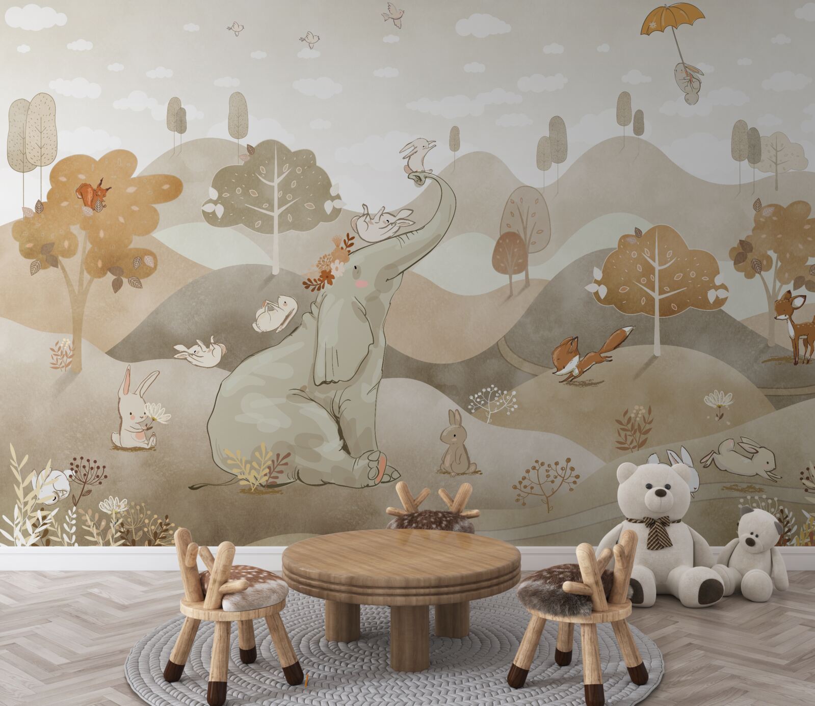 Fototapeten Der kleine Elefant unterhält Hasen