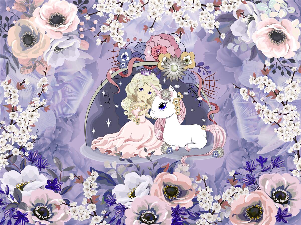 Fototapeten Einhorn mit einer Prinzessin