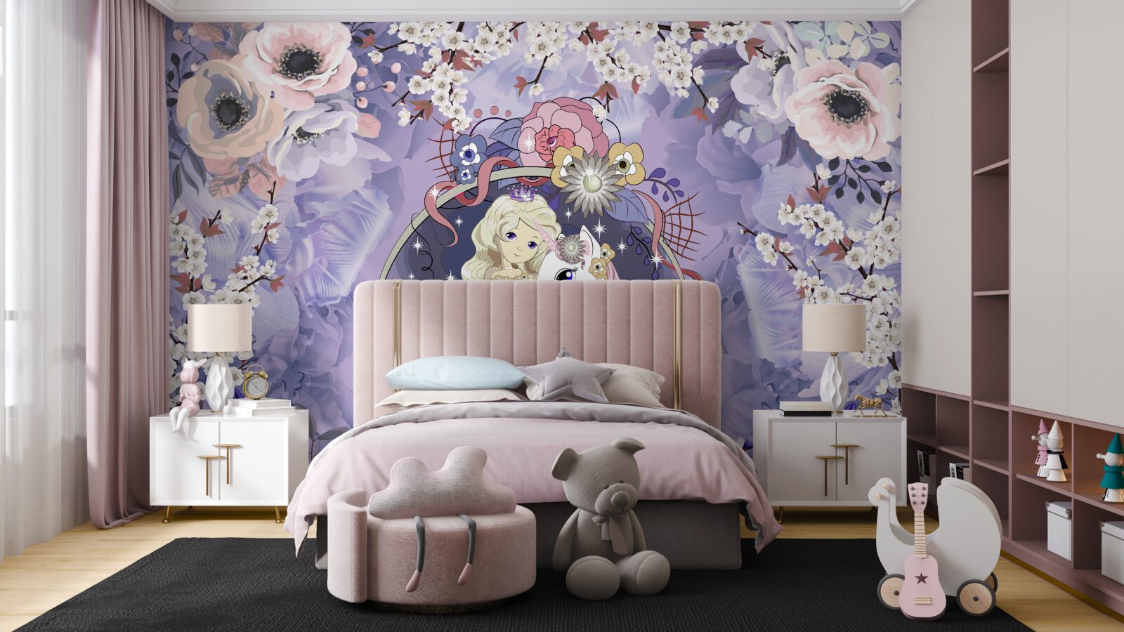 Fototapeten Einhorn mit einer Prinzessin