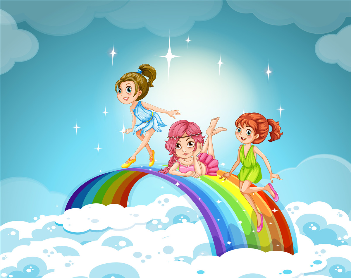 Fototapeten Mädchen unter den Wolken am Regenbogen