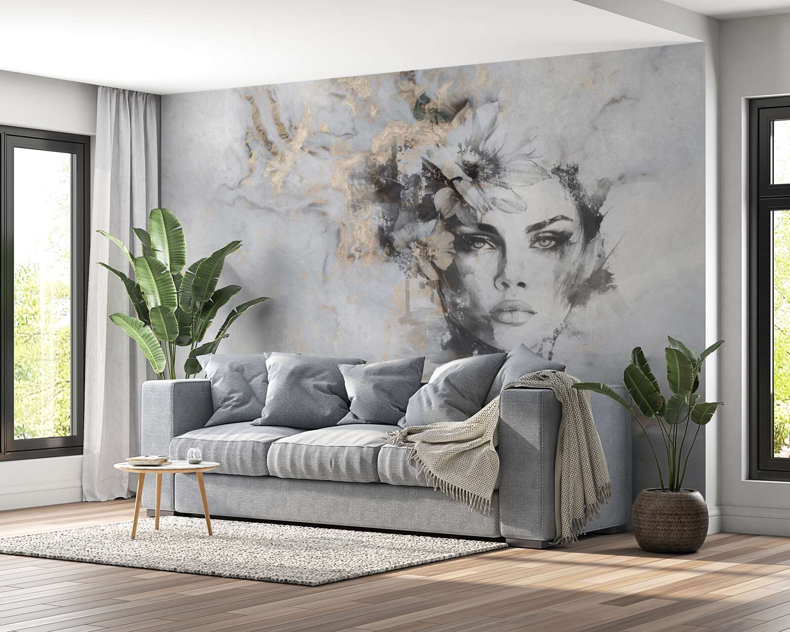 Fototapeten Blumen und ein Mädchen, das in Aquarellen geschaffen wurde