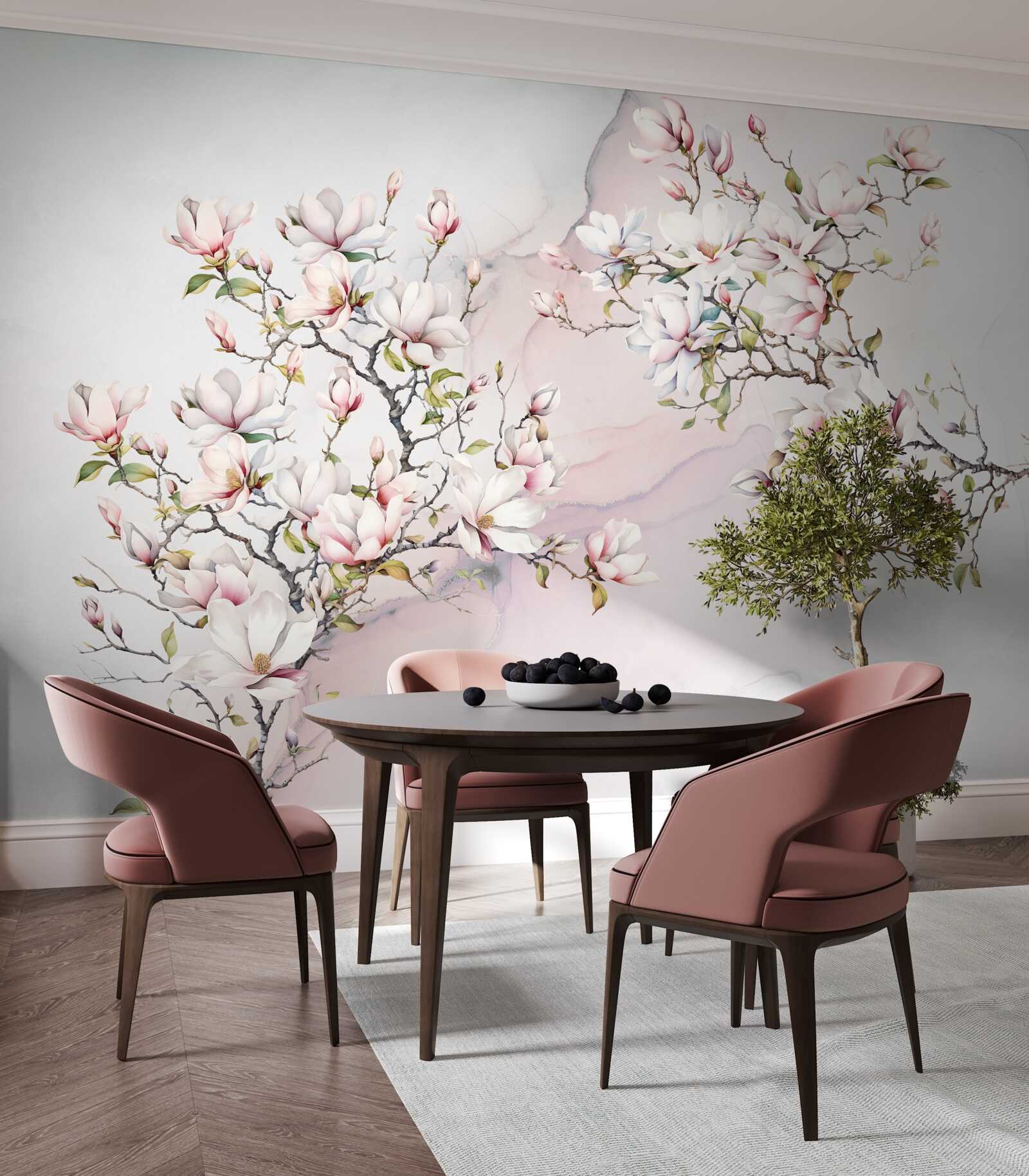 Fototapeten Zweige der weißen und rosa Magnolie sind voller Anmut und schön