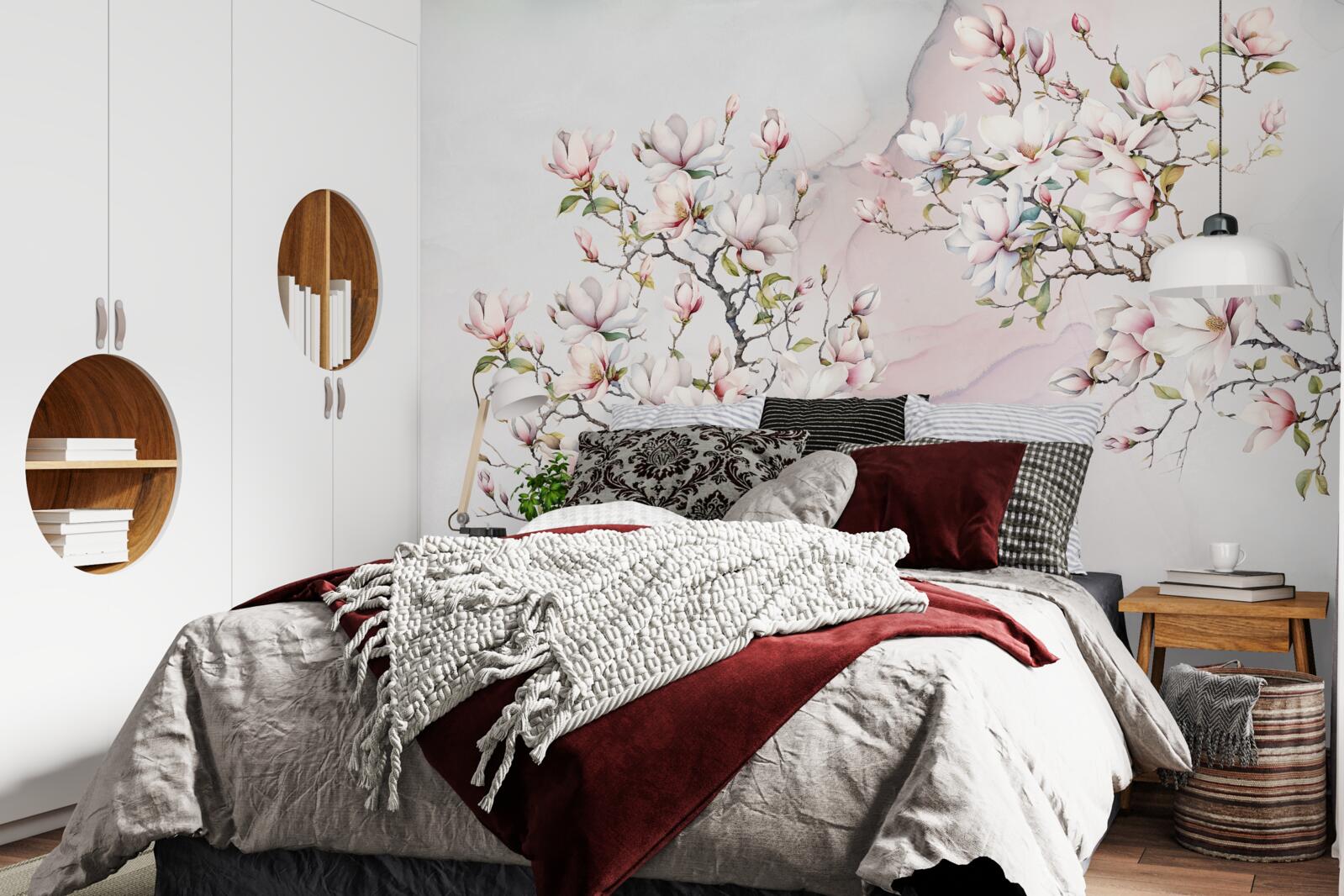 Fototapeten Zweige der weißen und rosa Magnolie sind voller Anmut und schön
