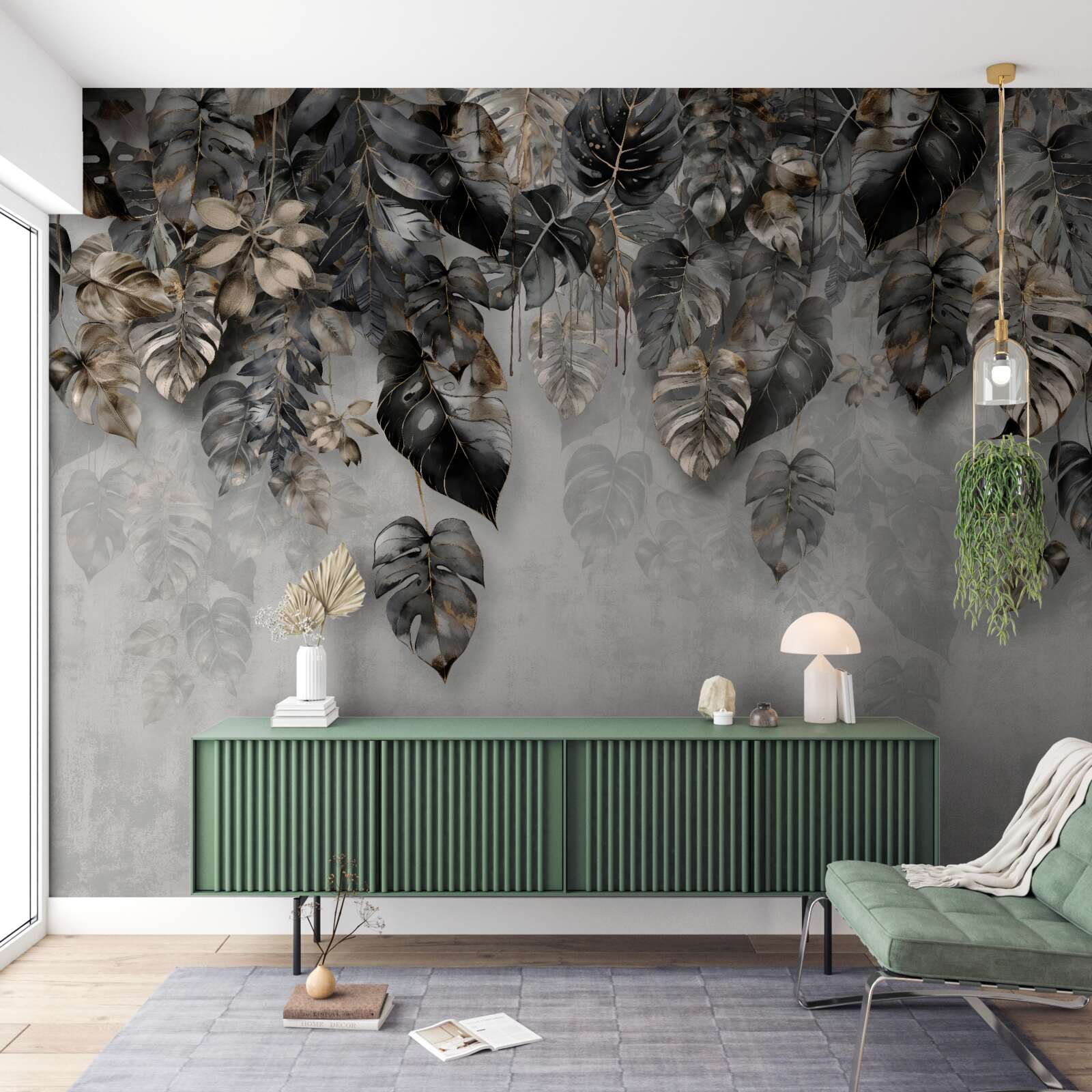 Fototapeten Monstera hinterlässt am Morgennebel goldene und schwarze Farben