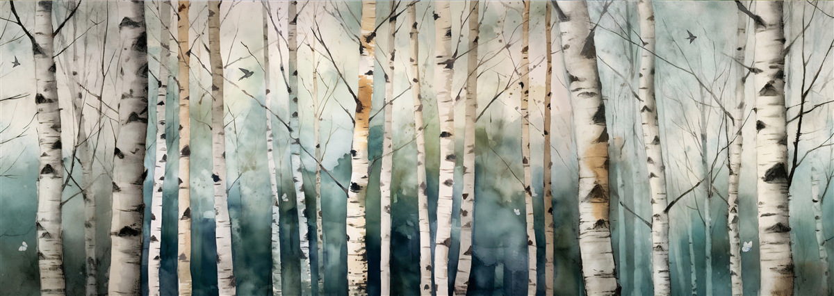 Fototapeten Aquarell, das einen schlanken Birkenhain darstellt