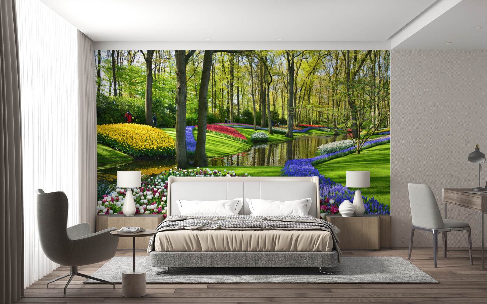 Fototapeten Ein toller Weg mit Tulpen in der Nähe von Wasser