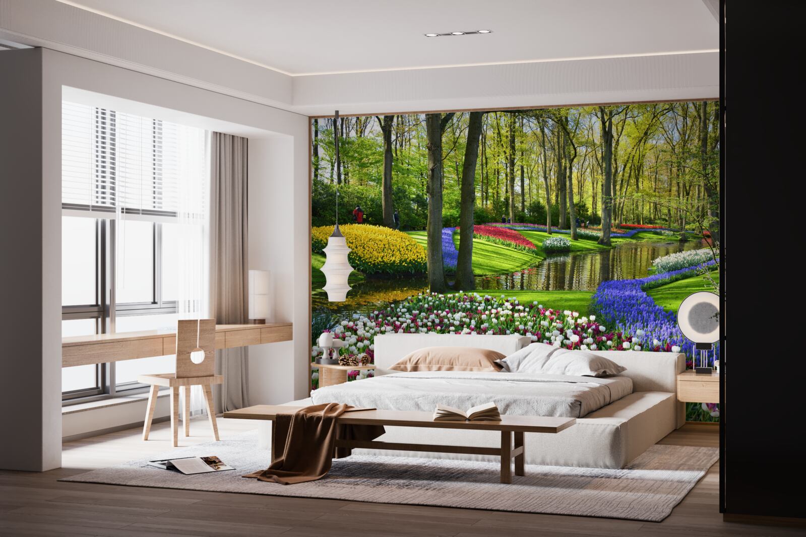 Fototapeten Ein toller Weg mit Tulpen in der Nähe von Wasser