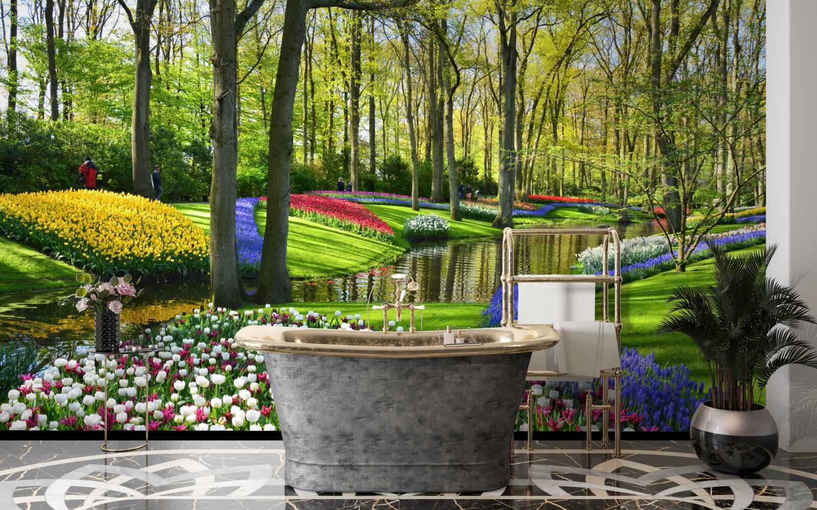 Fototapeten Ein toller Weg mit Tulpen in der Nähe von Wasser