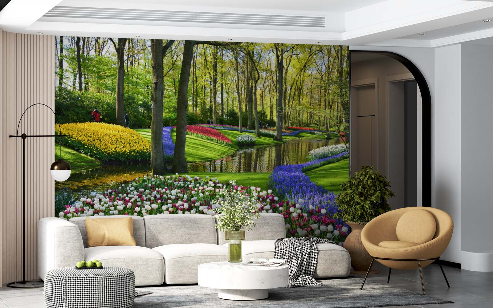 Fototapeten Ein toller Weg mit Tulpen in der Nähe von Wasser